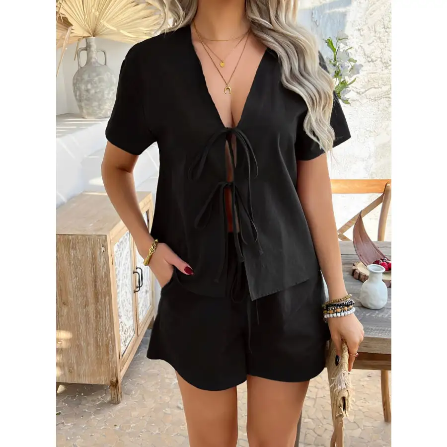 Tied V Neck Short Sleeve Top and Shorts Set
