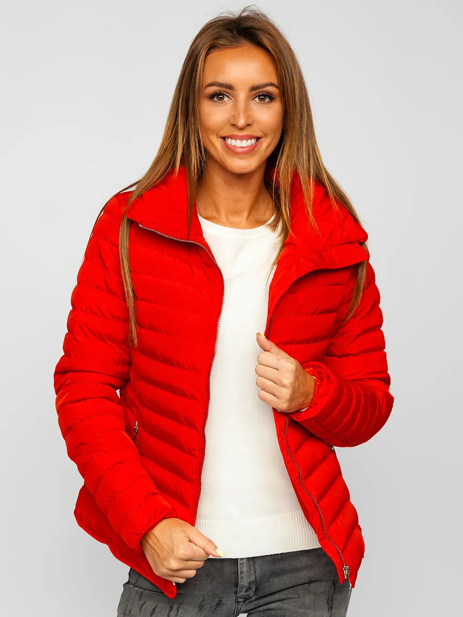 women's red quilted winter jacket without hood