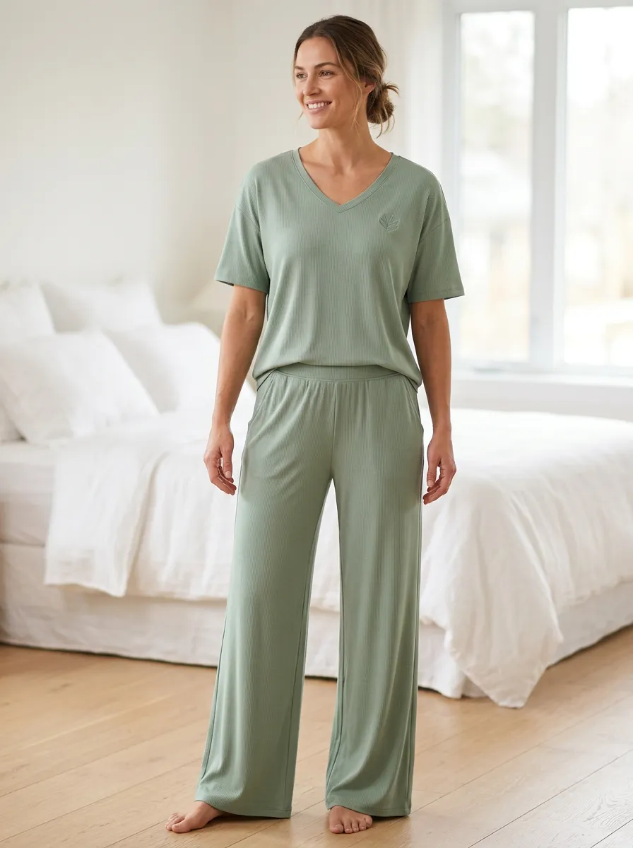 Active Ribbed Wide Leg Essential Women's T-Shirt and Wide Leg Lounge Set