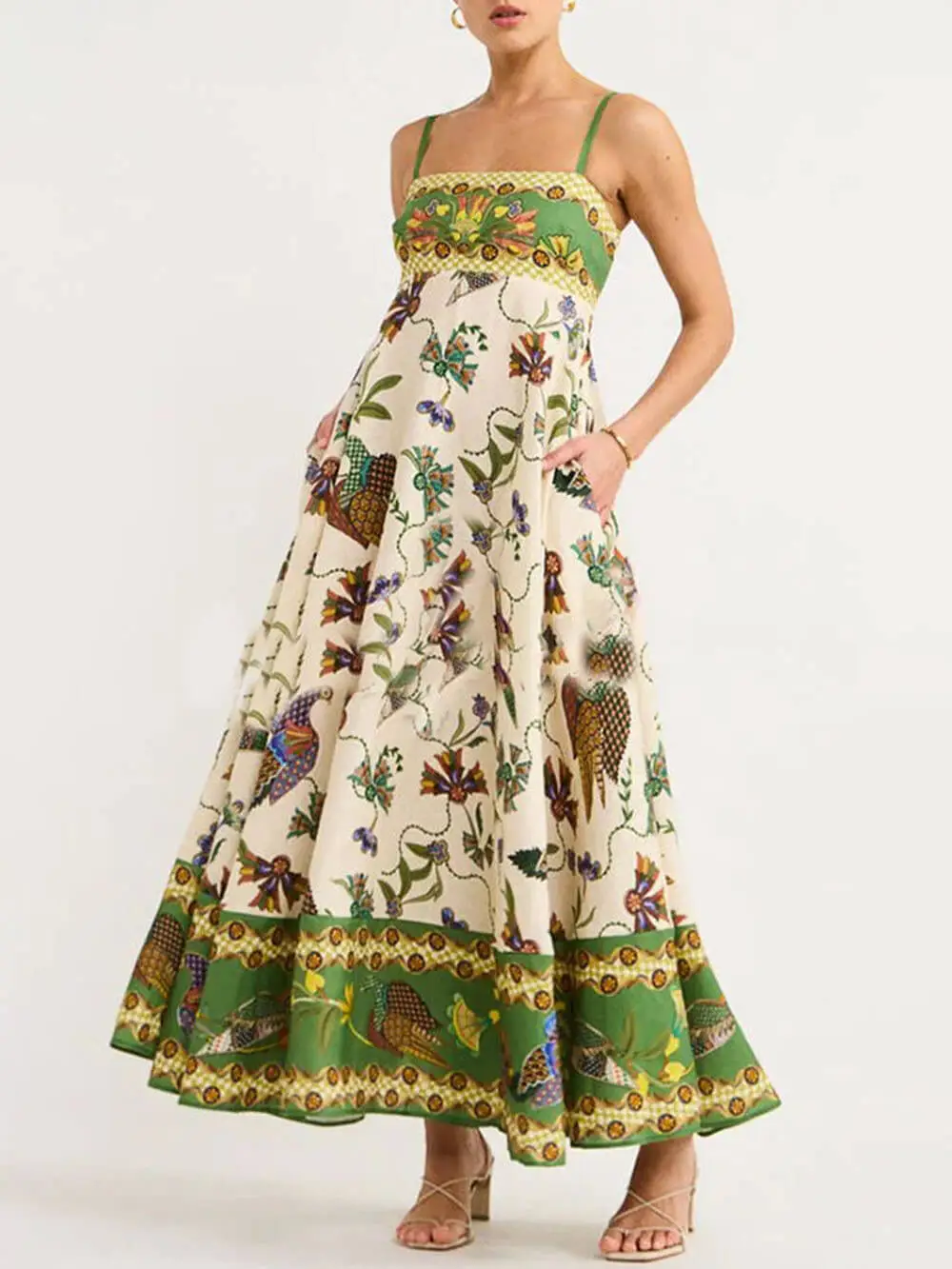 Sun Drenched Print Smocked Back Pocketed Midi Dress