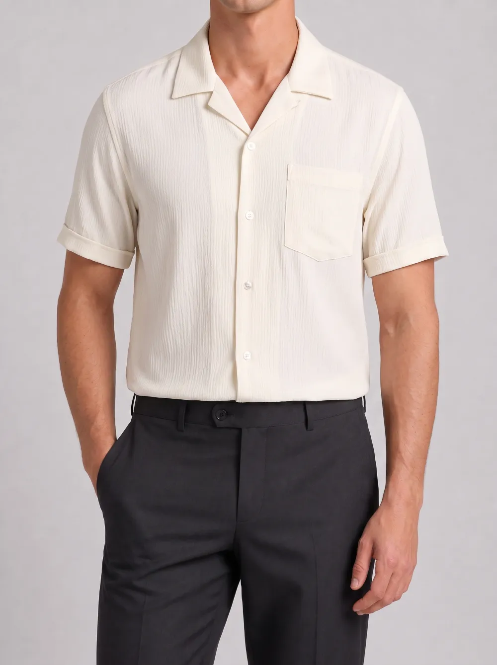 Men's Casual Minimalist Cream Textured Camp Collar Shirt