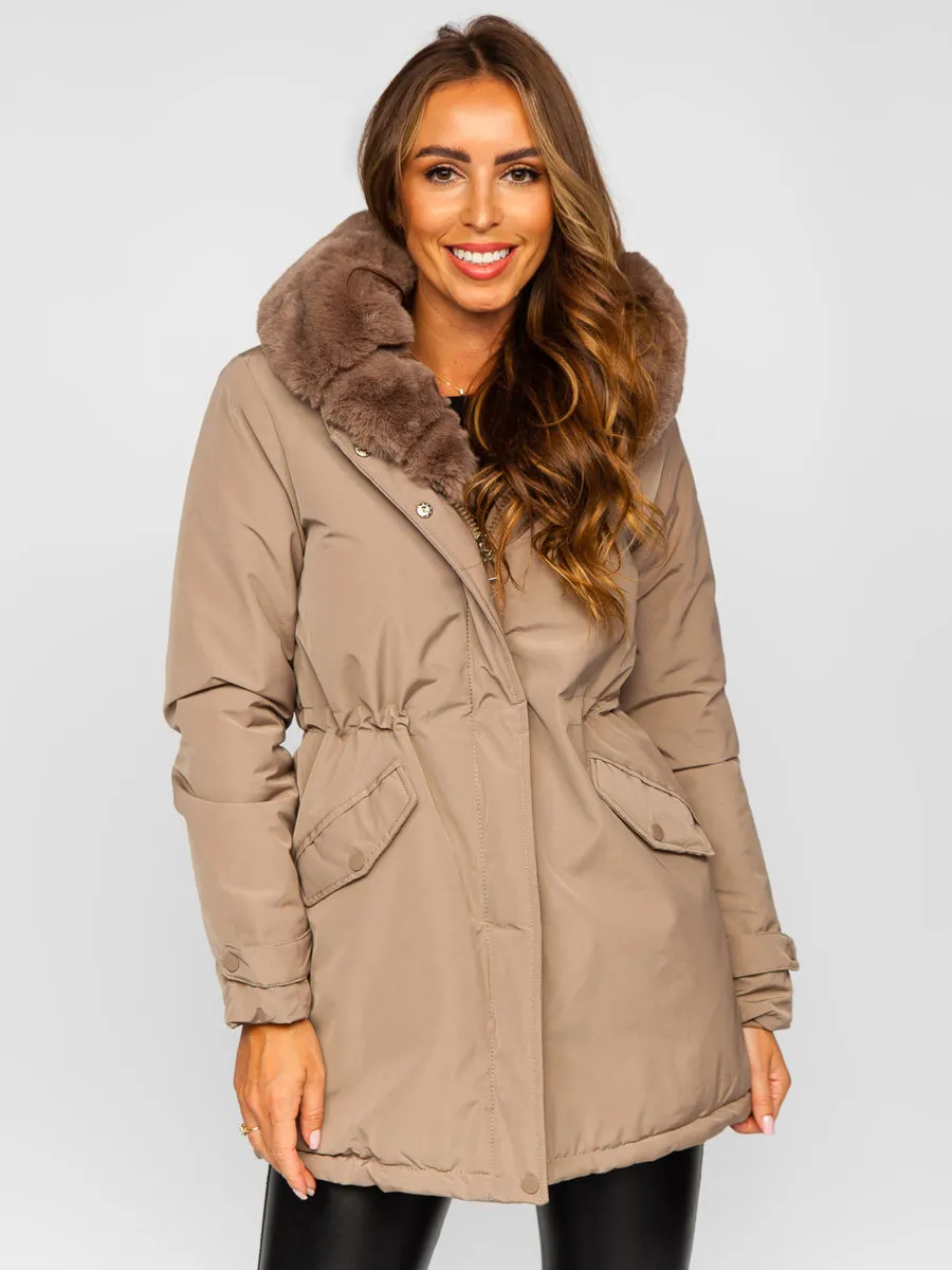 Beige women's winter parka jacket with hood