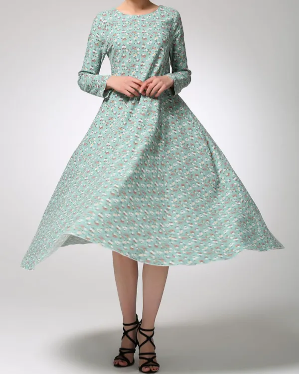 Floral Linen A Line Long Sleeve Maxi Dress