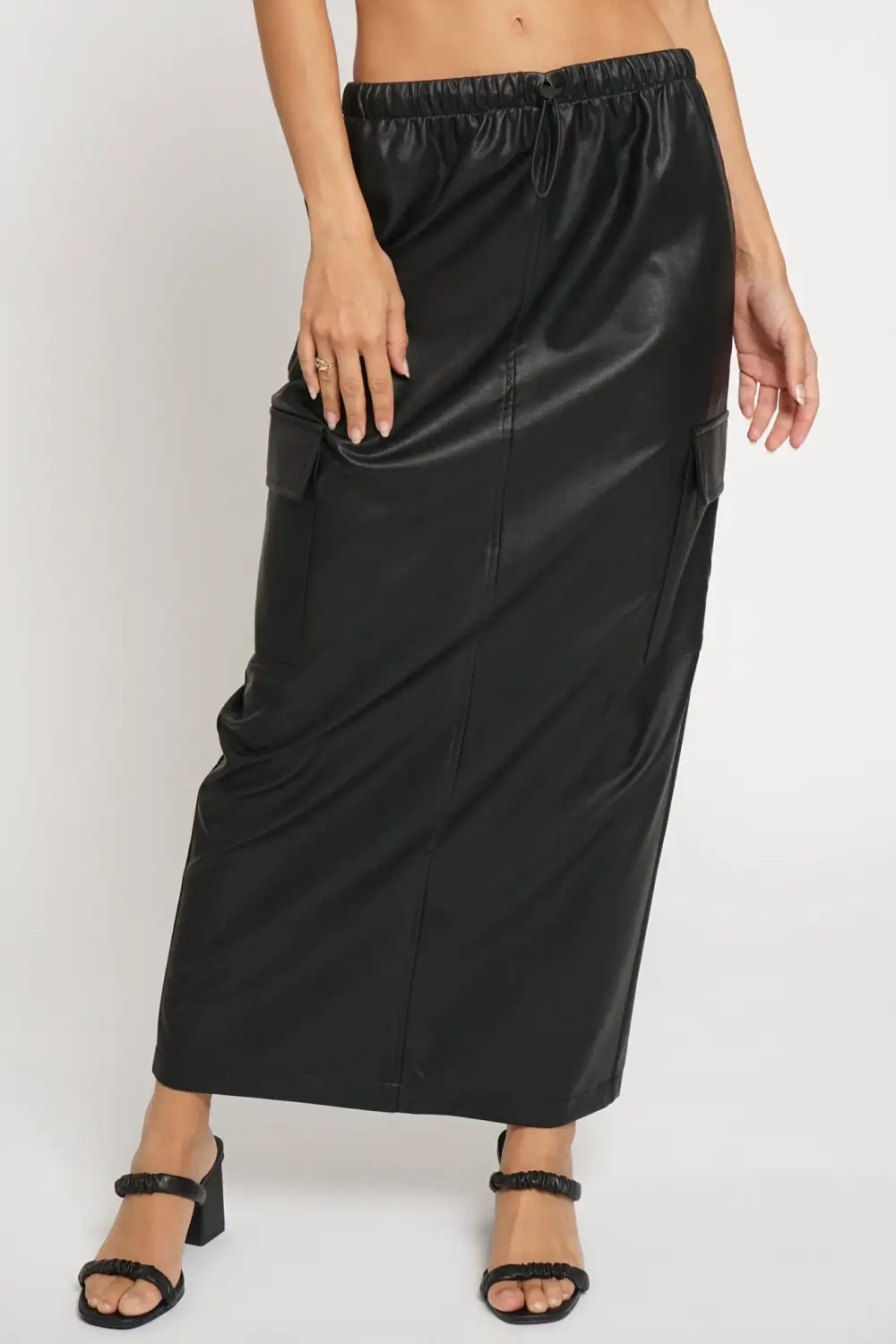 Faux Leather Cargo Maxi Skirt With Back Slit