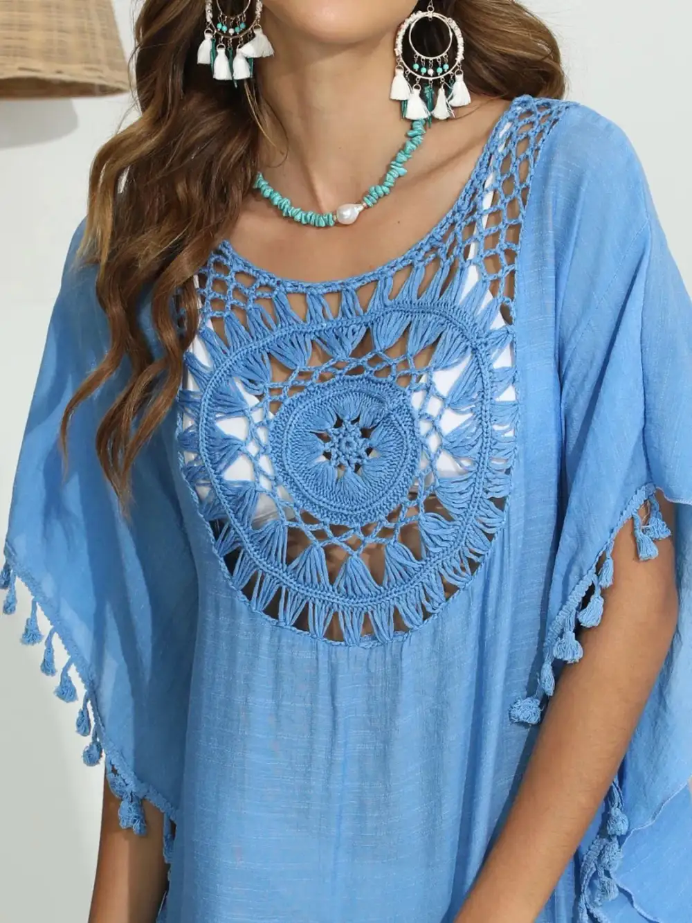 Tassel Crochet Round Neck Swim Cover Up