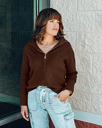 🔥Last day promotion⏰Women's 2525 Quarter Zip Pullover V Neck Collar Long Sleeve Ribbed Knit Loose Casual Sweater