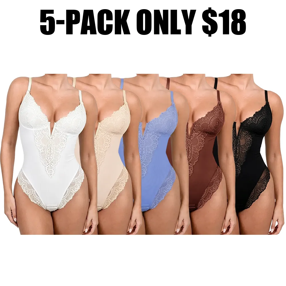 Womens Deep V Lace Bodysuit Built-in Shapewear Breathable Shaping Tops