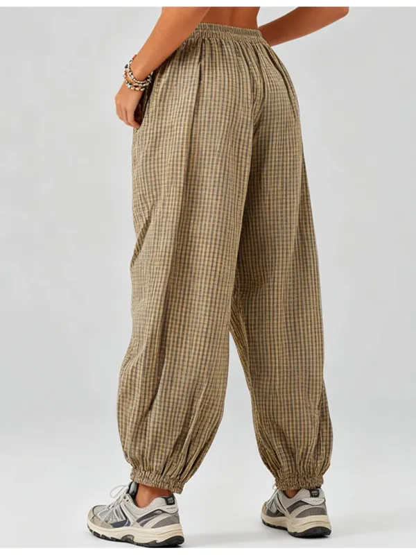 Checked Elastic Waist Drawstring Lantern Pants