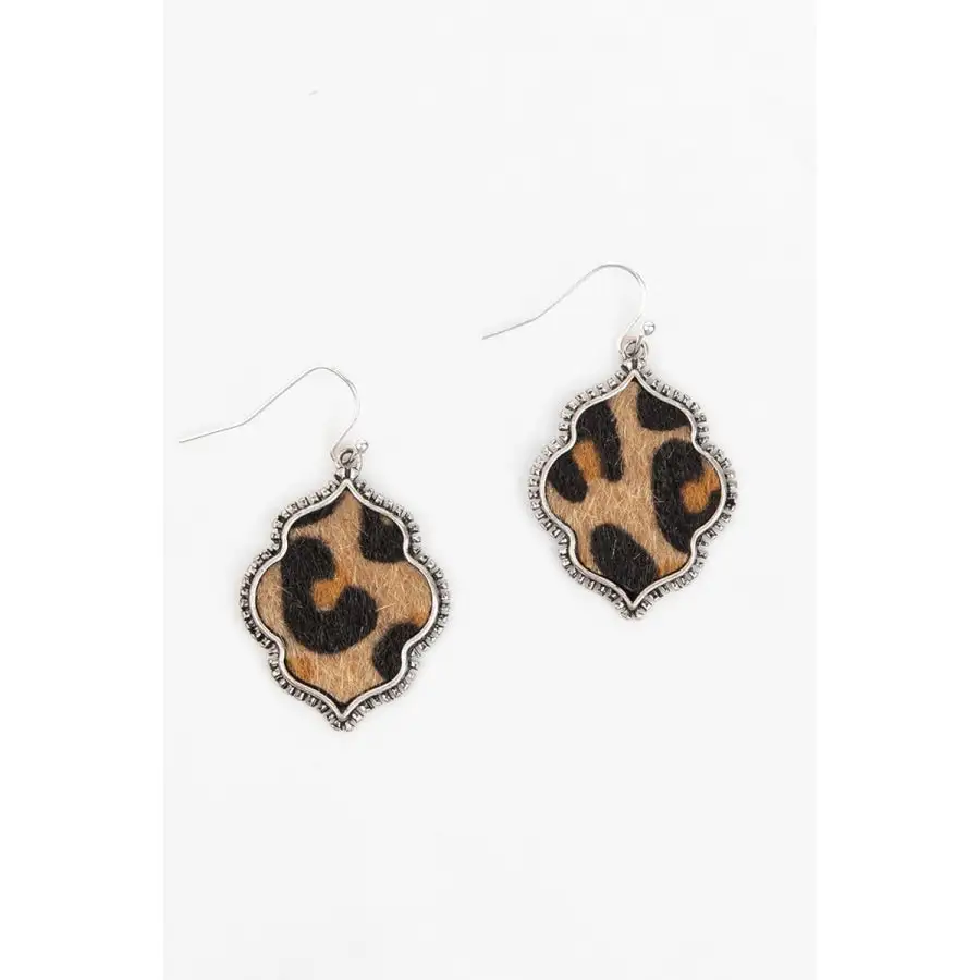 Leopard Fur Medallion Drop Earrings Silver