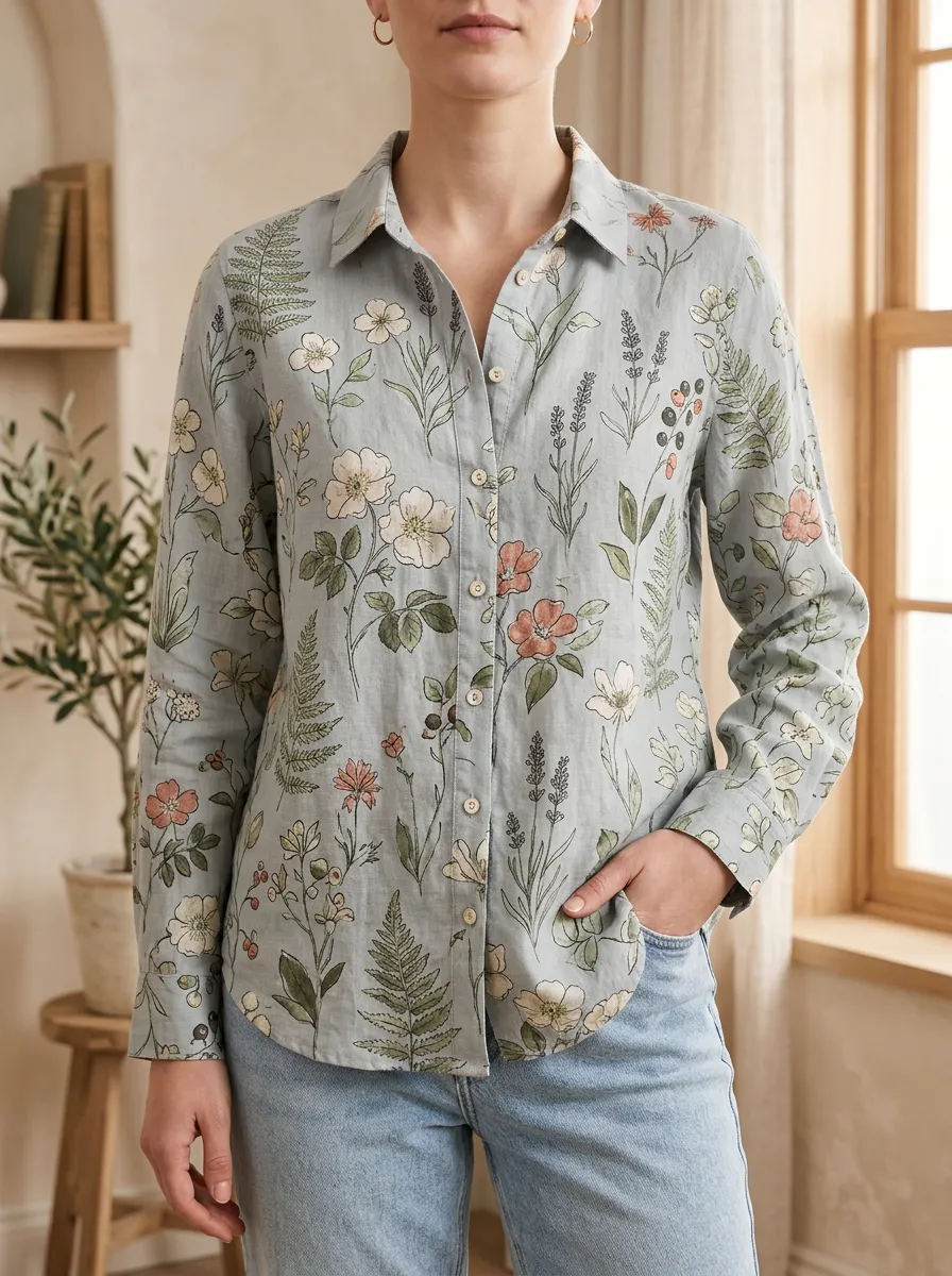 Women's Botanical Garden Floral Fern Printed Shirt