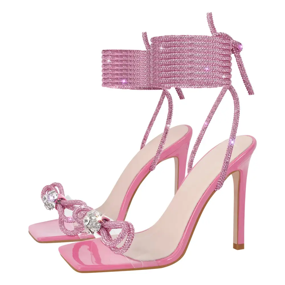Square Toe Rhinestone Lace Up Stiletto Sandals