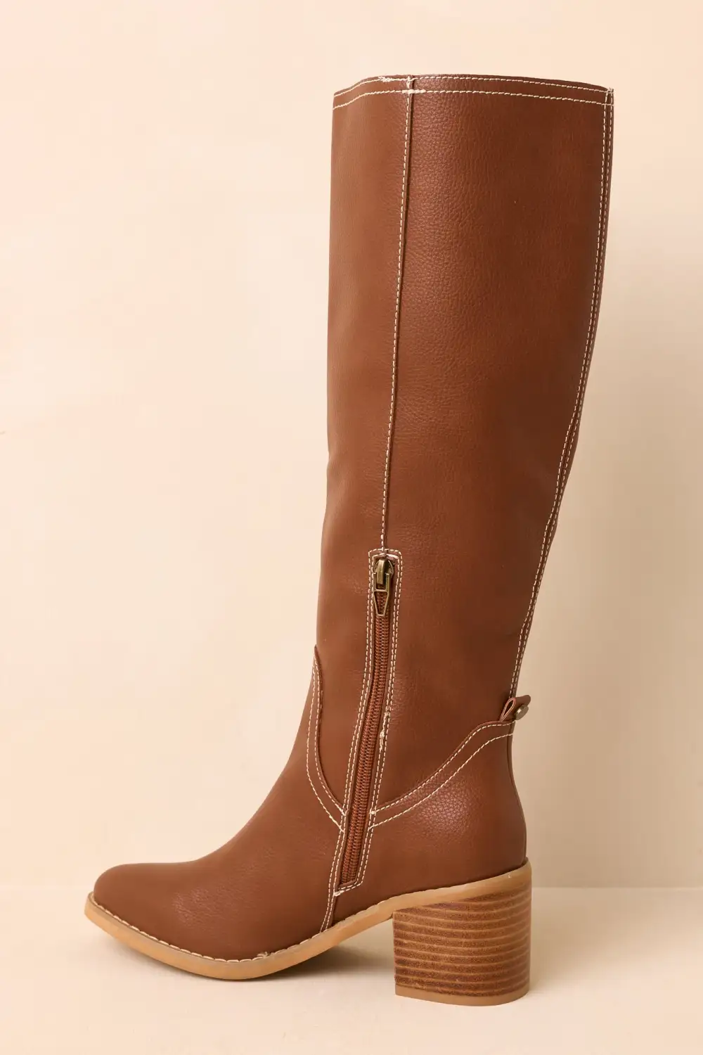 Faux Leather Almond Toe Block Heel Textured Knee High Boots