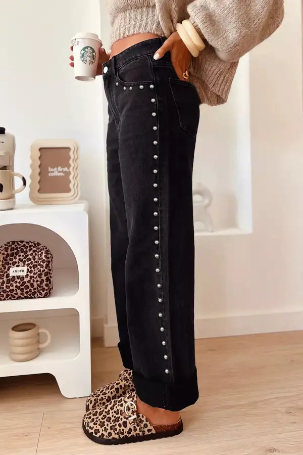 Washed Pocketed Studded Stretch Straight Leg Jeans