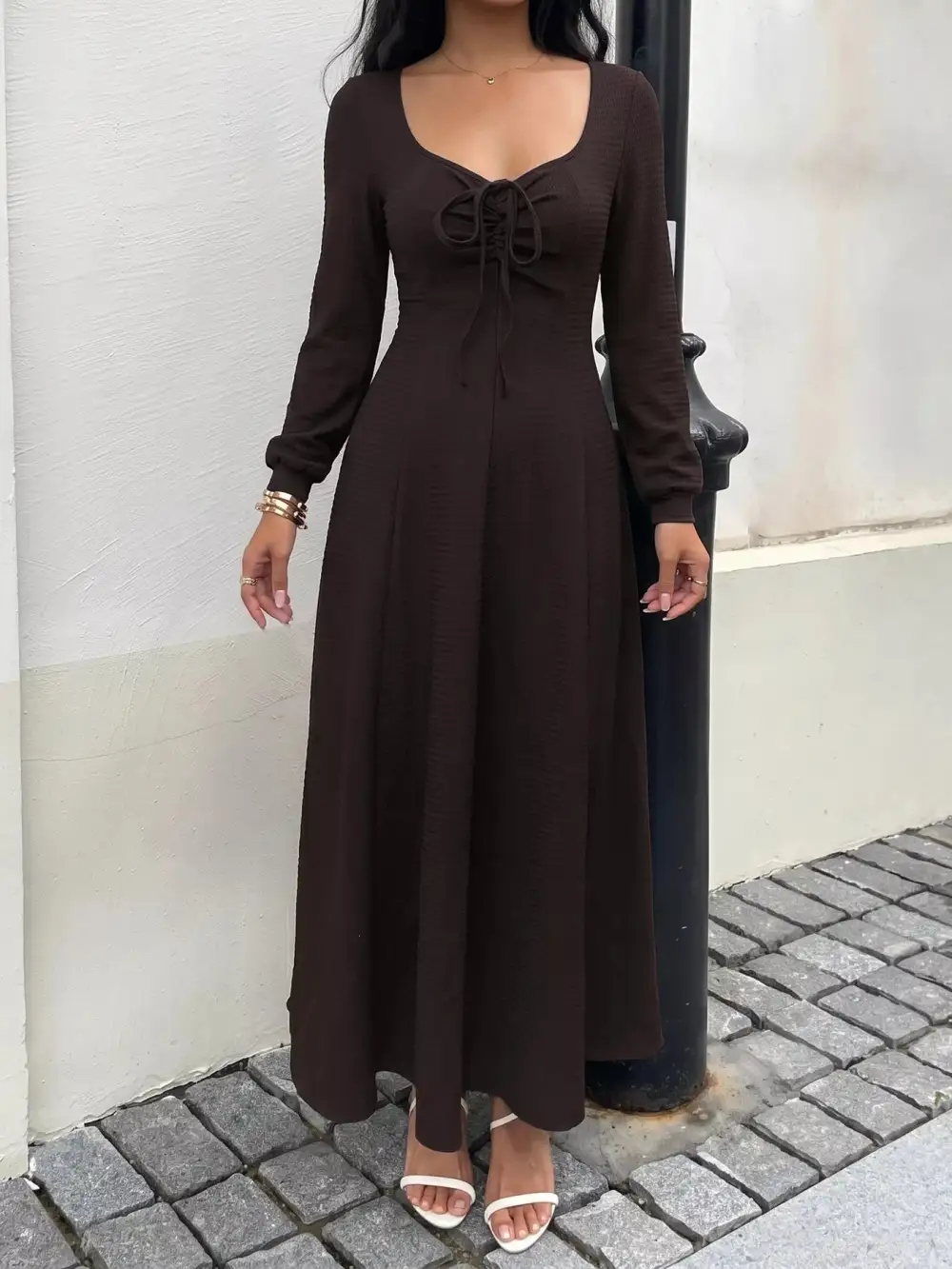 Long Sleeve Tie-Front Maxi Dress