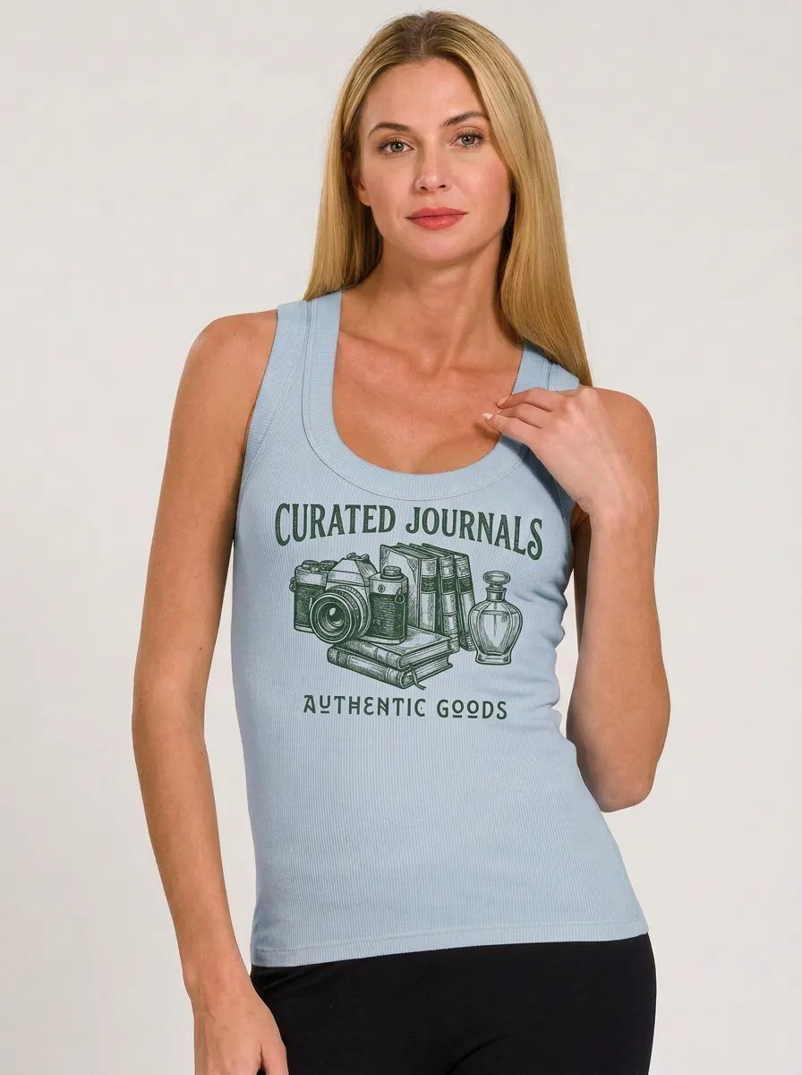 Women's Vintage Aesthetic Camera Books Printed Ribbed Tank Top