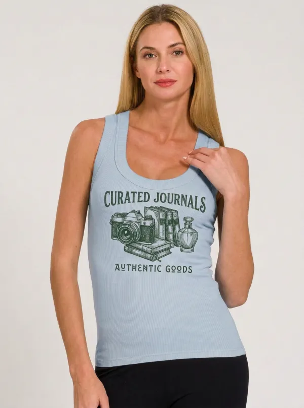 Women's Vintage Aesthetic Camera Books Printed Ribbed Tank Top