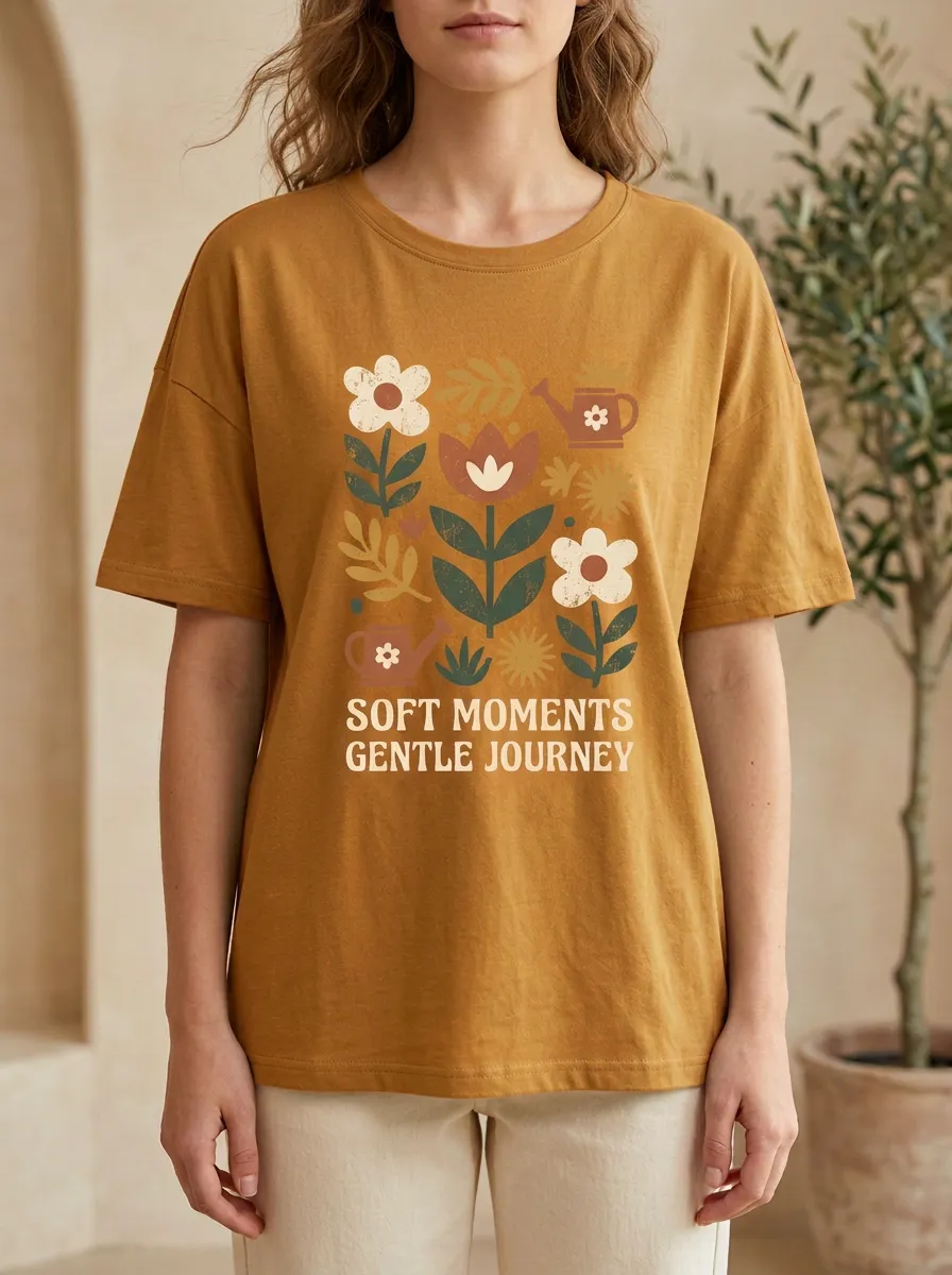 Women's Gardening Floral Watering Can Print Classic Crew Neckline Ribbed T-Shirt