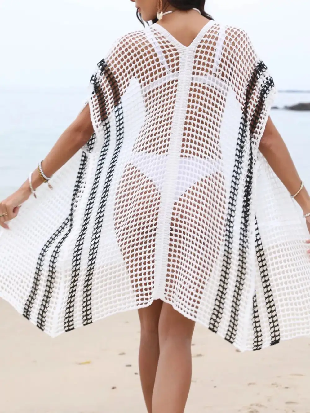 Open Front Contrast Openwork Swim Cover Up