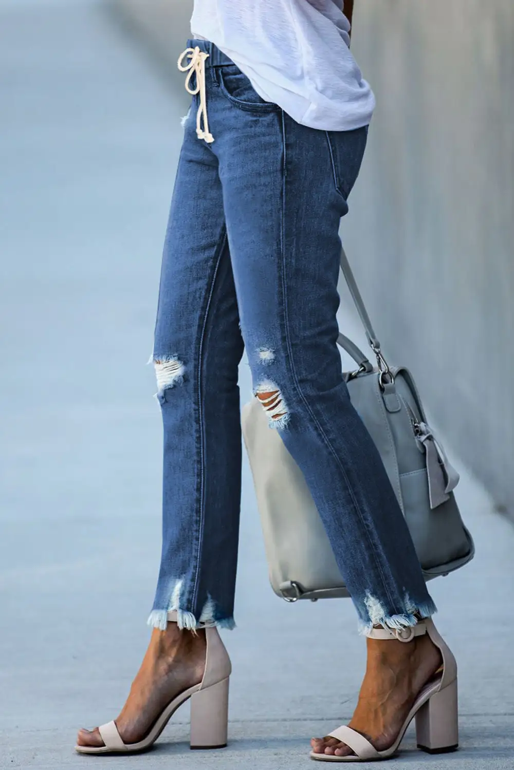 Elastic Waist Straight Leg Destroyed Raw Hem Jeans