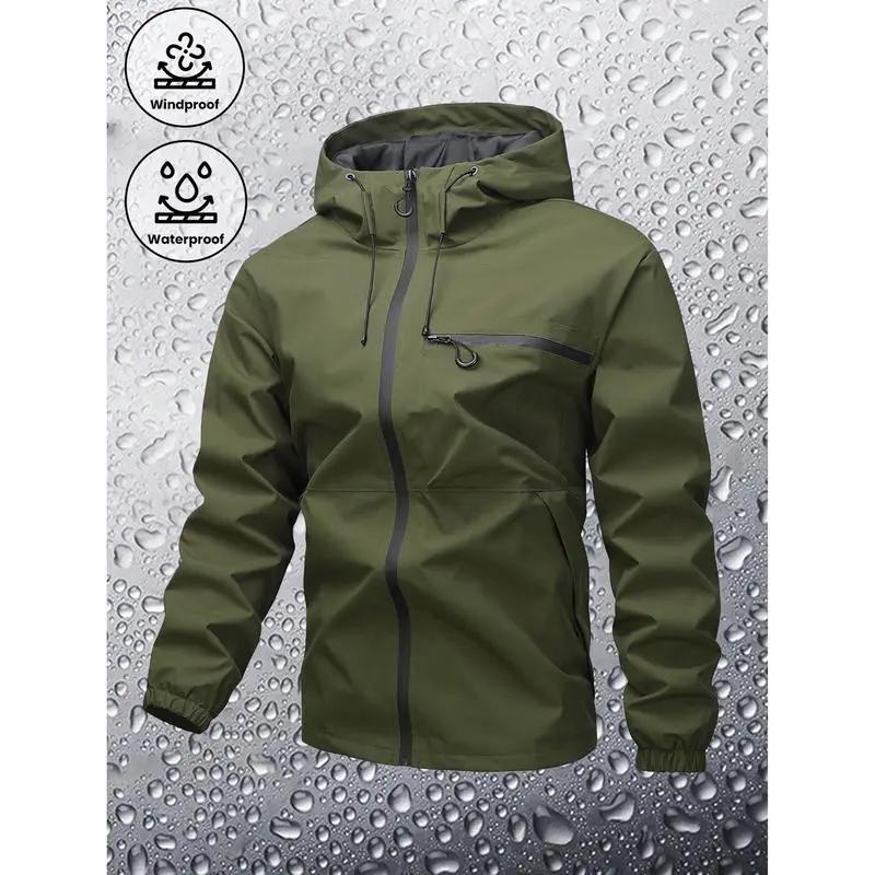 Men's Plain Waterproof Windproof Drawstring Zip Up Hooded Jacket, Casual Long Sleeve Zipper Pocket Design Outerwear for Outdoor Activities, Men's Clothes for All Seasons, Menswear m 65 jacket Stripe Print Baseball Bomber Jacket