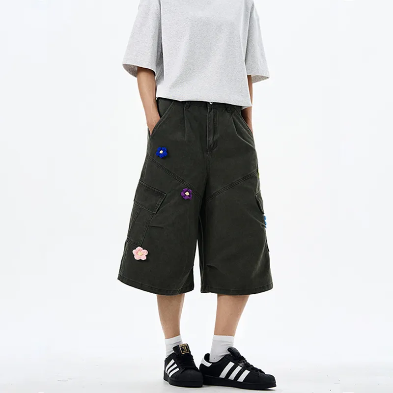 Embroidered Floral Multi Pocket Cargo Shorts