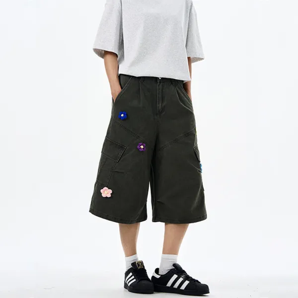 Embroidered Floral Multi Pocket Cargo Shorts