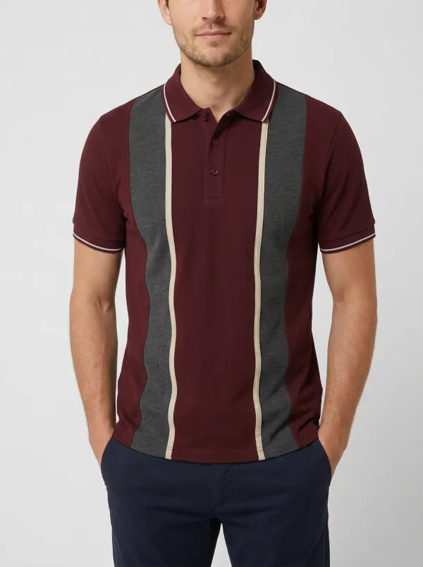 Men's Classic Knit Ribbed Vertical-Stripe Colorblock Polo Shirt