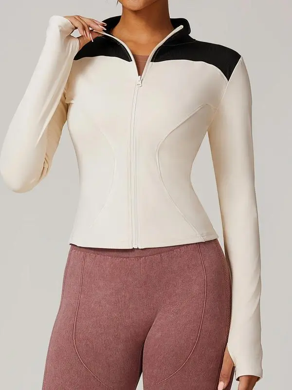 Women’s Zip Up Sports Jacket – Tight Long Sleeve Sports Top for Spring Indoor & Outdoor Workouts