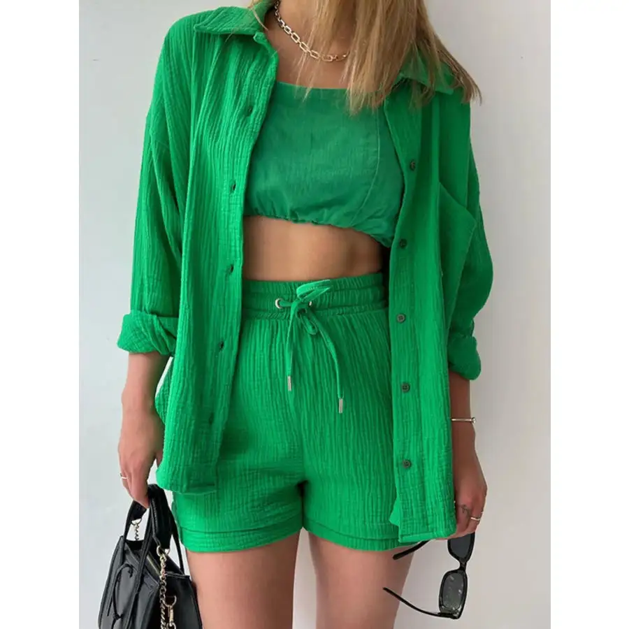 Relaxed Textured Button Up Shirt and Shorts Set