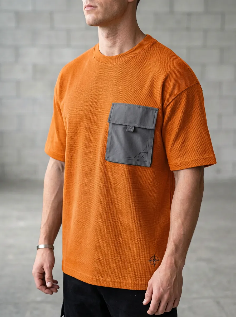 Practical Waffle Texture Geometric Casual Look Men's Cargo Pocket T-Shirt