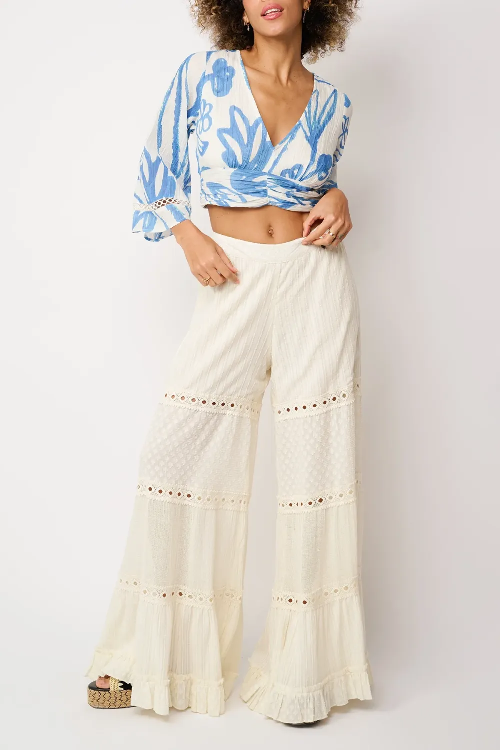 White Eyelet Detail Flared Pants