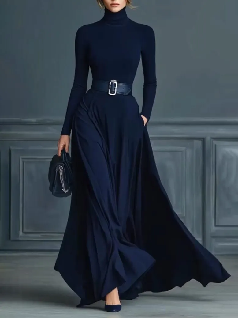 Minimalist High Neck Sleeved Maxi Dress