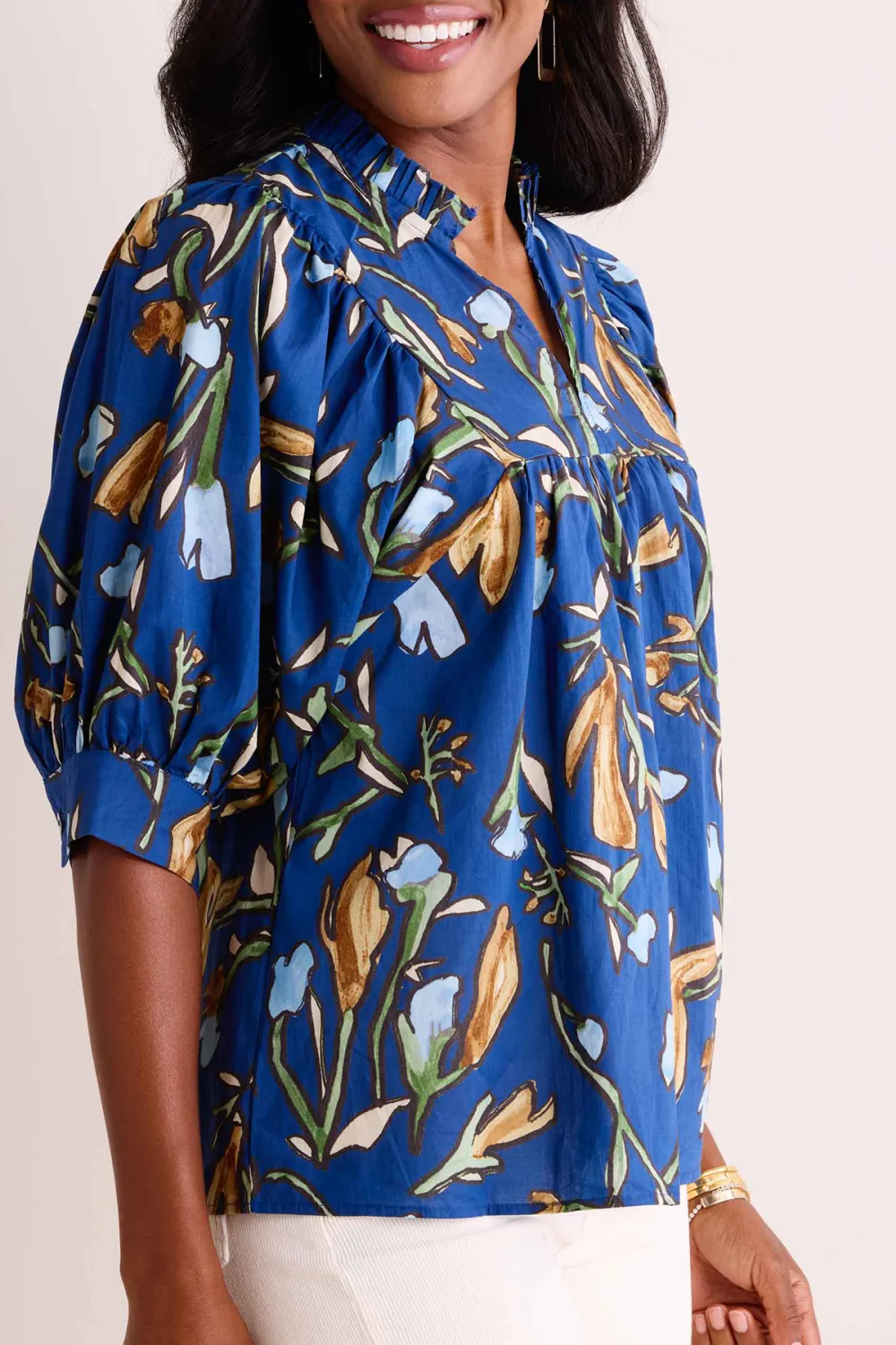 Blue Floral Print V-Neck Long Sleeve Blouse