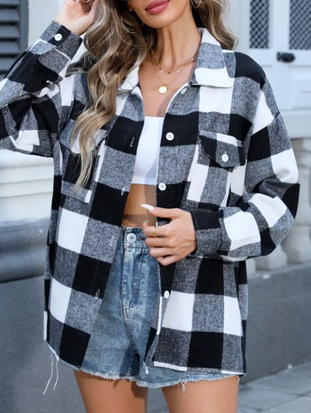 Button Detail Plaid Loose-Fitting Shirt