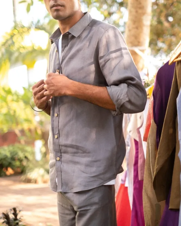 Slate Gray Minimal Linen Button-Up Shirt