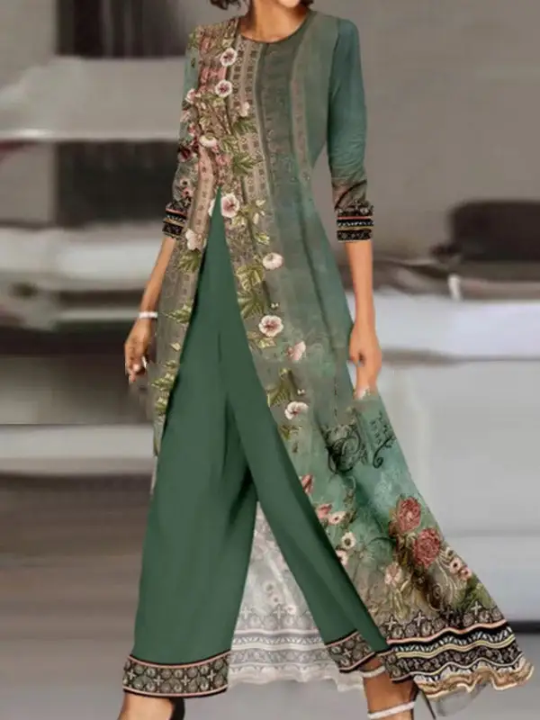 Long Sleeve Relaxed Floral Print Tee And Pants Set