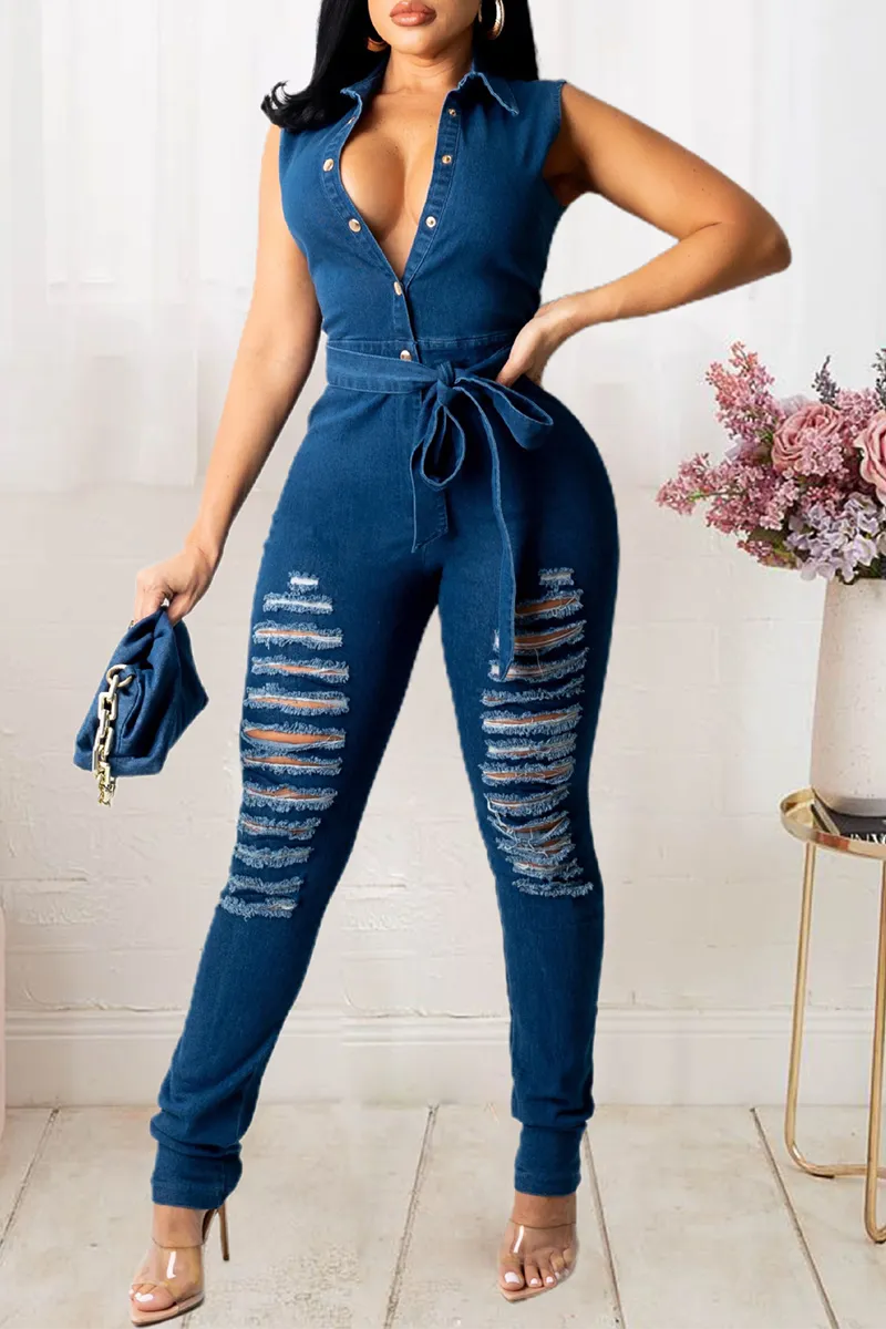 Sexy Solid Split Joint Turndown Collar Skinny Jumpsuits