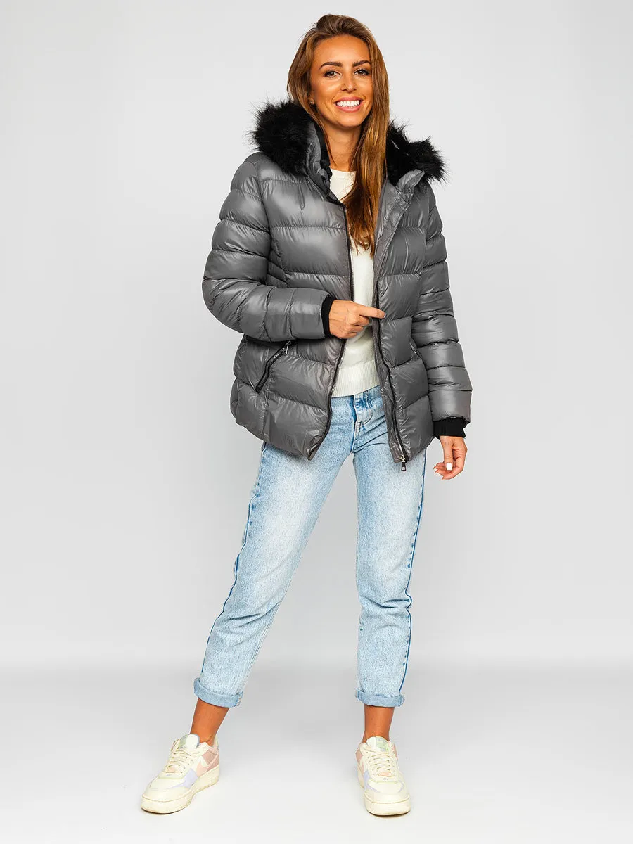 women's gray quilted winter jacket with hood