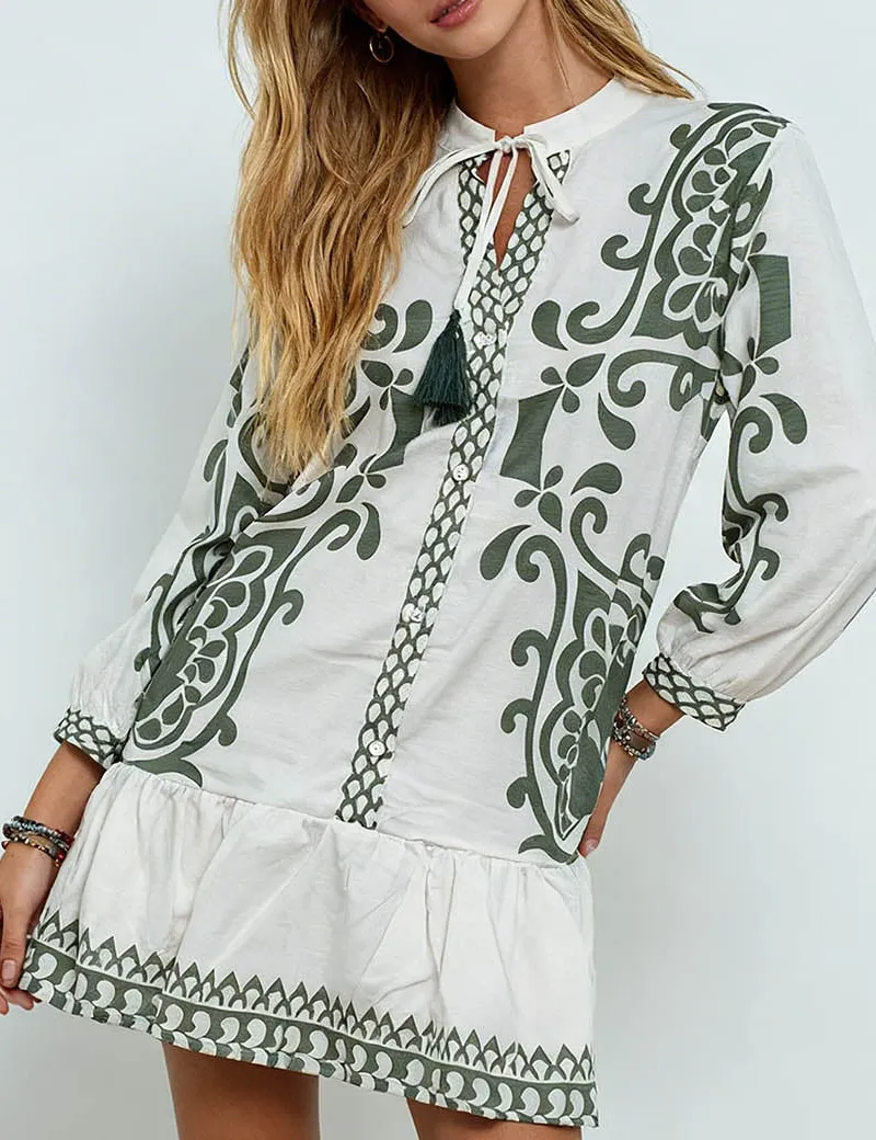 Boho Vacation Tassel Neck Mini Dress
