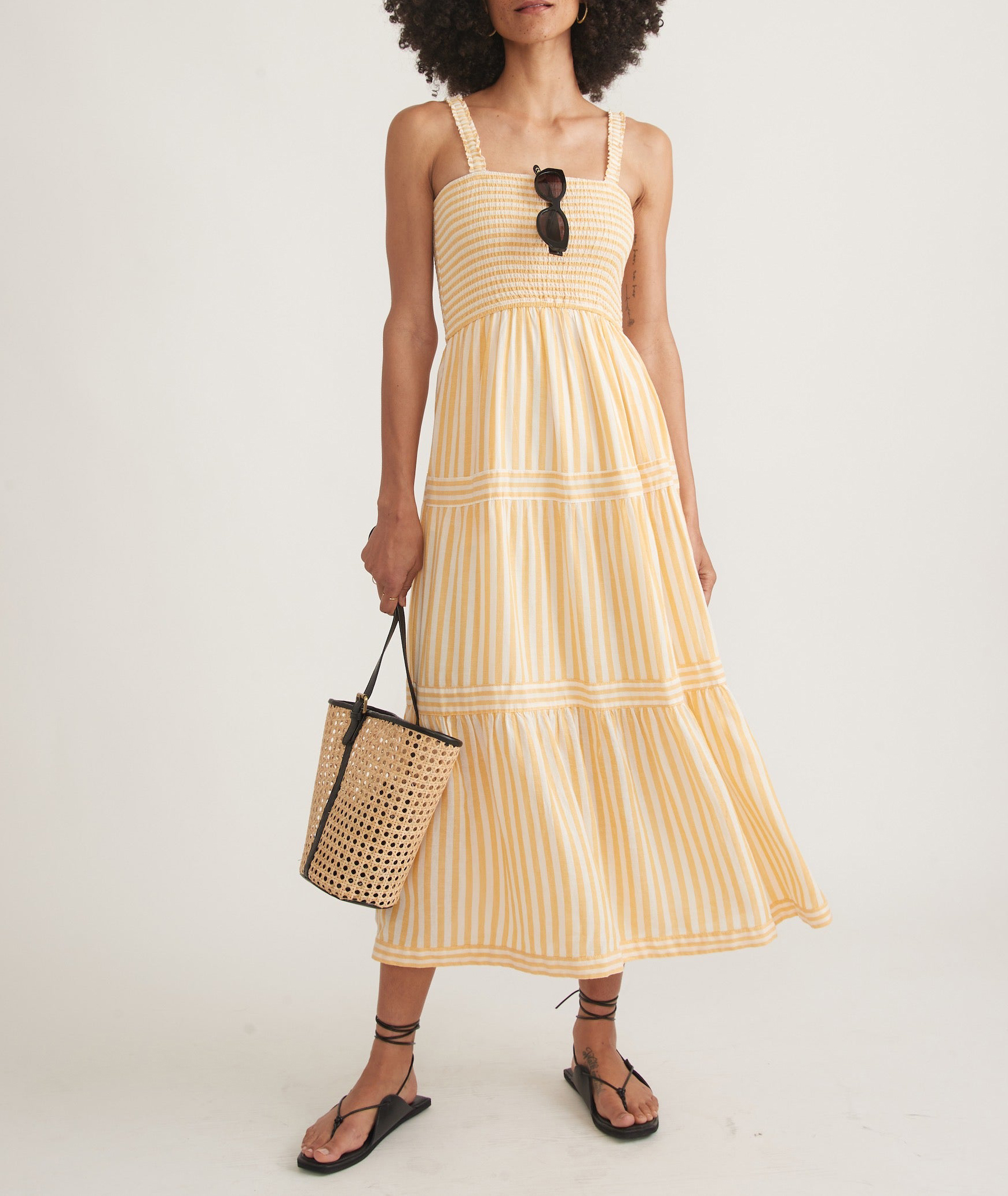 Yellow Striped Tiered Midi Dress