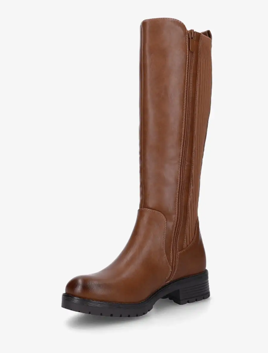 Tailored Stretch Panel Block Heel Faux Leather Knee High Boots