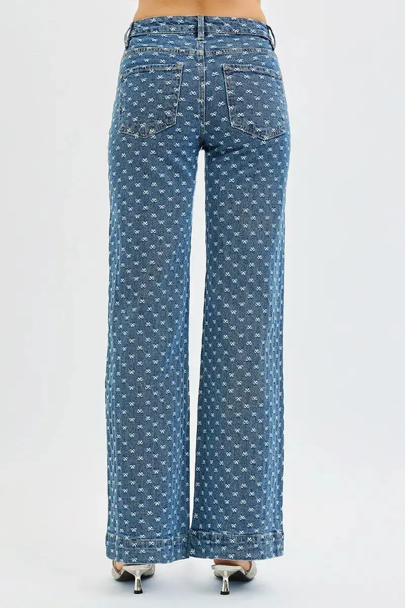 High Rise Bow Detail Embroidered Wide Leg Jeans