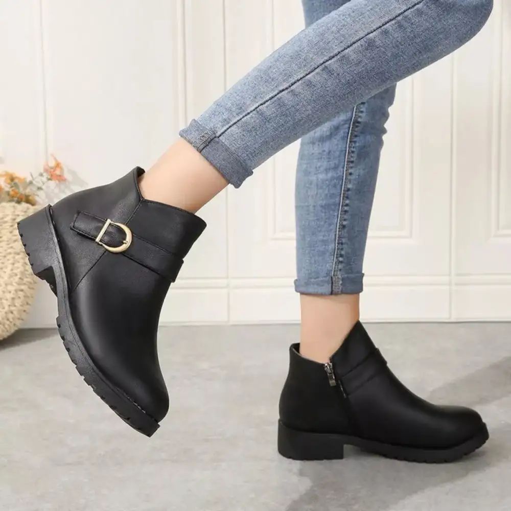 Textured Buckle Accent Ankle Boots