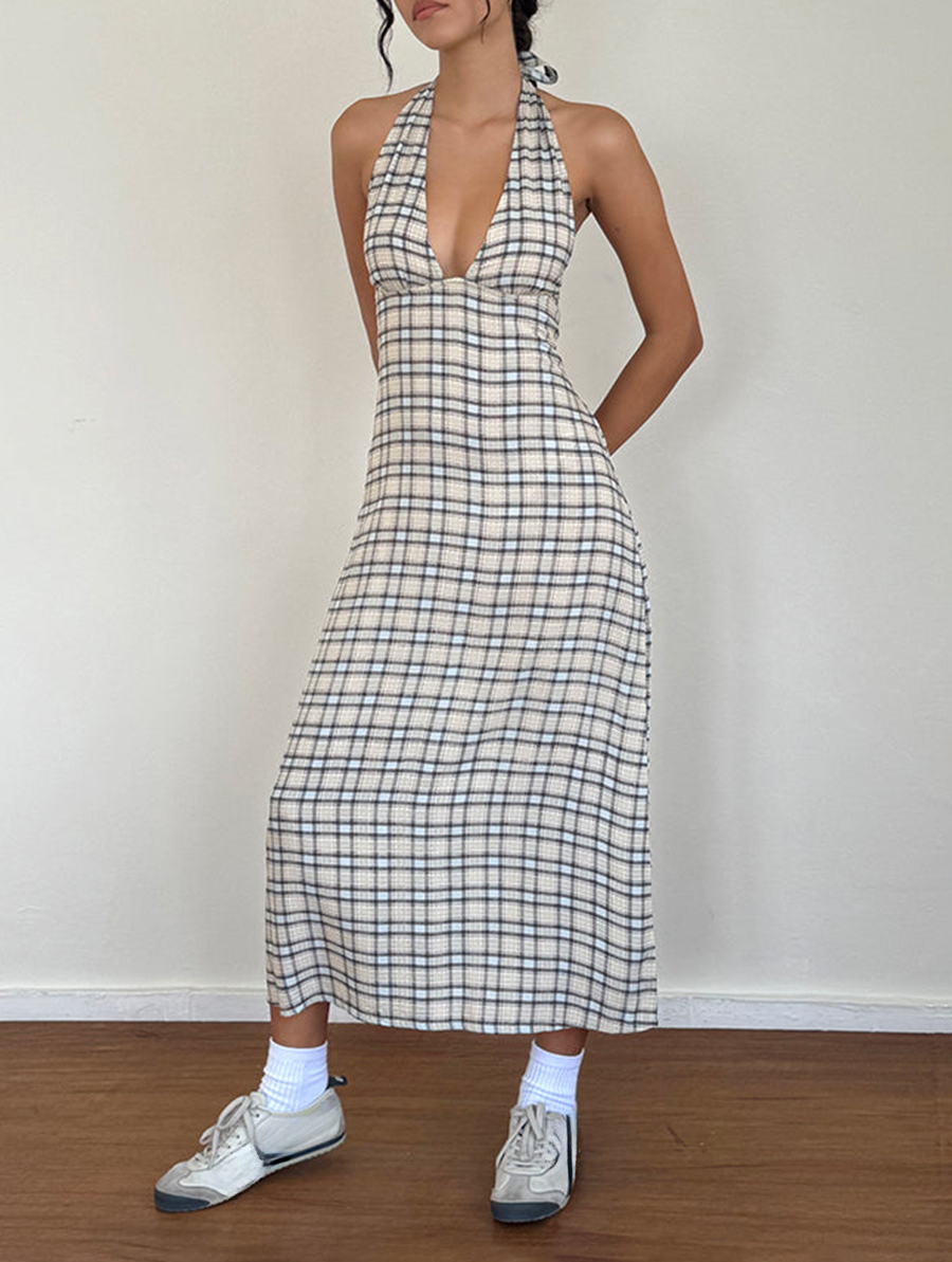 Halterneck Midi Dress In Pastel Blue Tartan