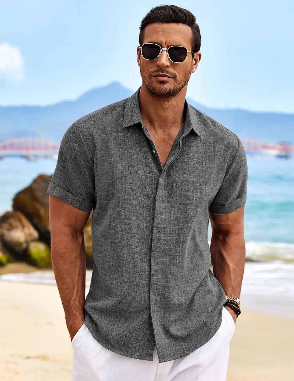 Men's Linen Shirts Short Sleeve Casual Shirts Button Down Shirt for Men Beach Summer Wedding Shirt