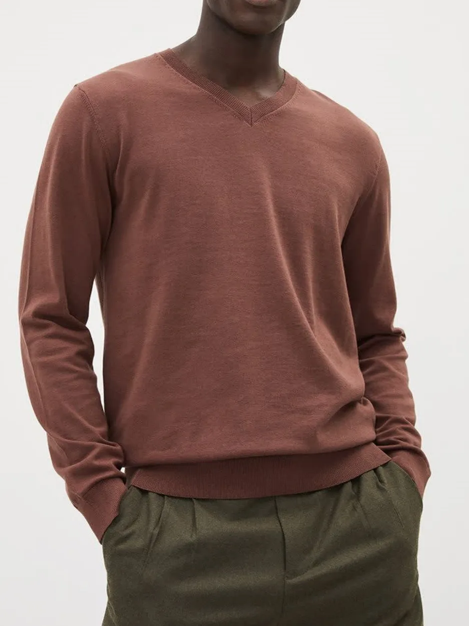 Deep Cognac Rose Long-Sleeve V-Neck Sweater