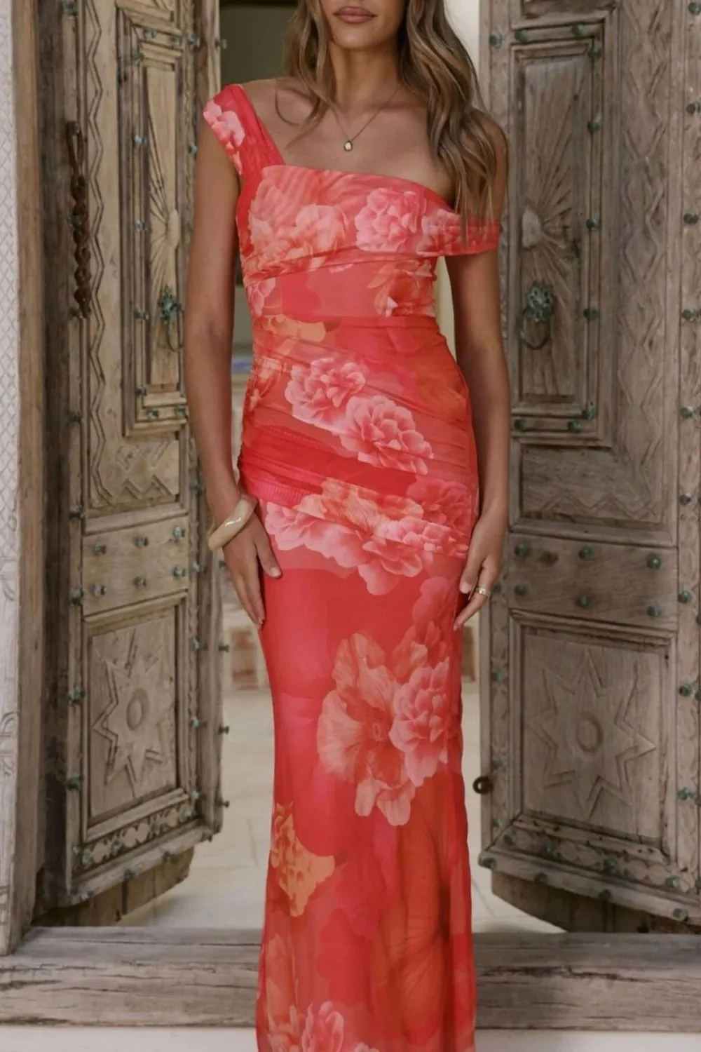 Clean Line Floral Printed Ruched Maxi Dress