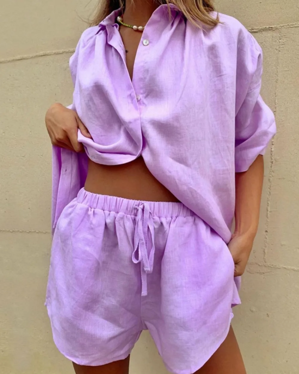 Casual V-Neck Shirt and Shorts Two-Piece Set