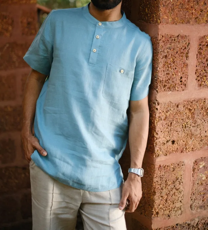 Aqua Linen Band Collar Shirt