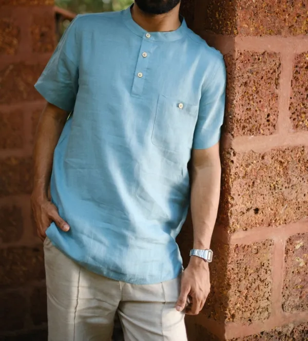 Aqua Linen Band Collar Shirt